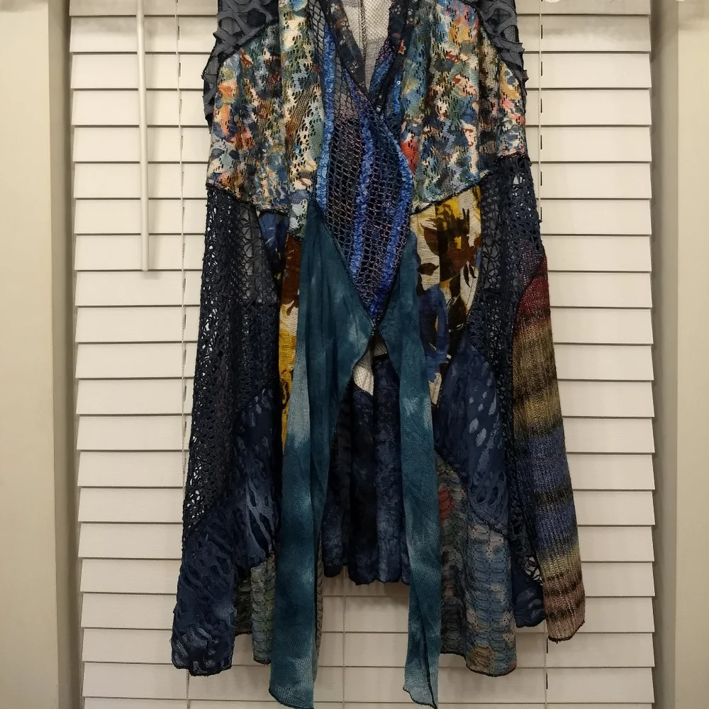 Soft Surroundings Boho Vest in multi color blues and tans - Picture 2 of 7
